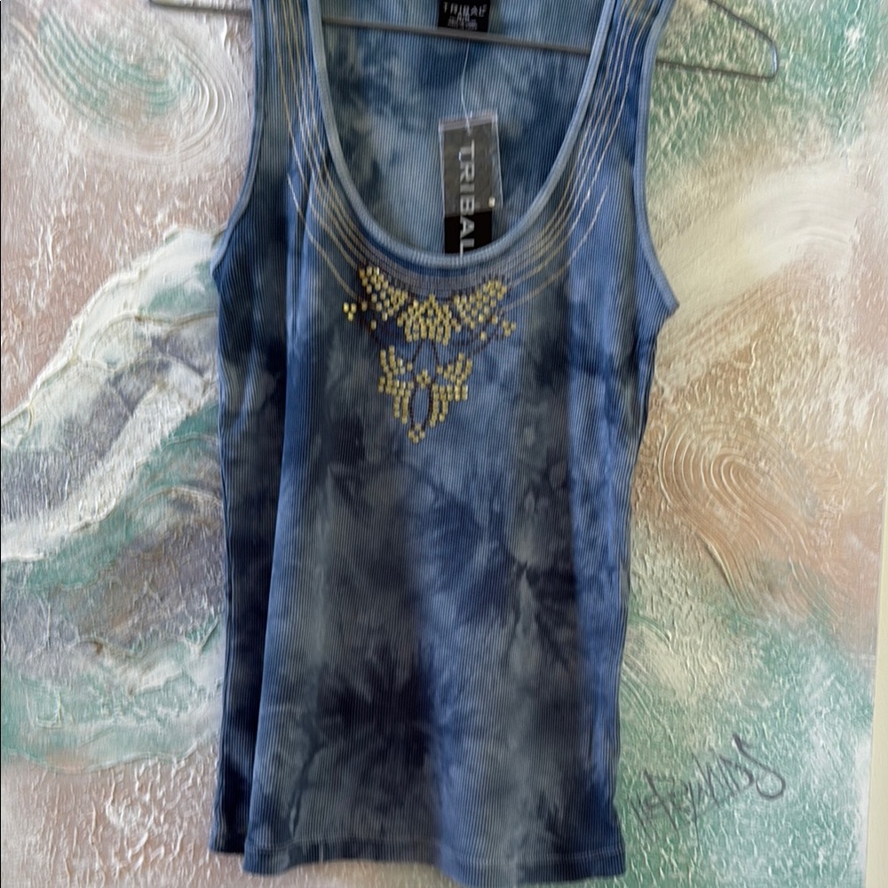 Tribal Blue Embellished Fitted Tank Top